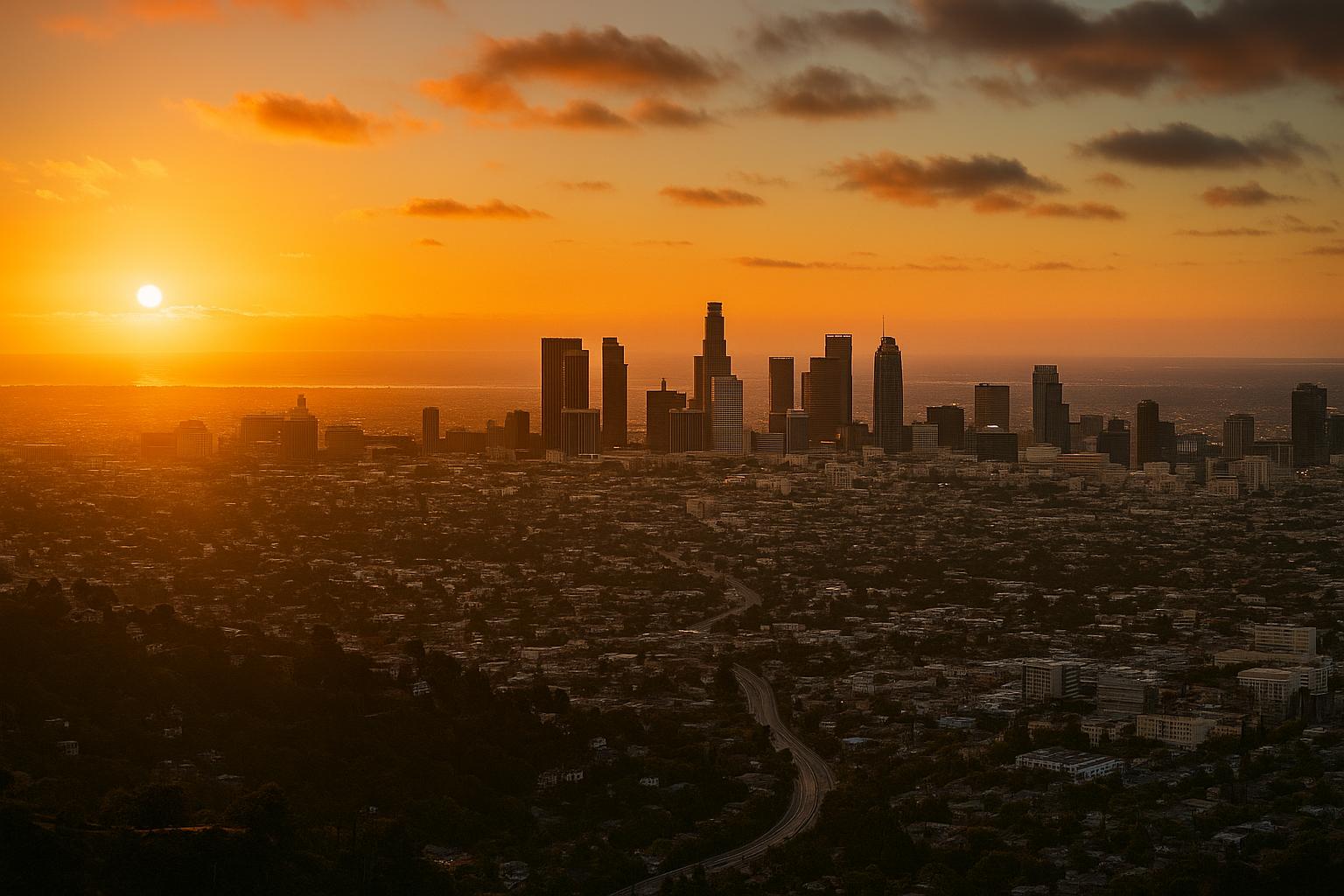 Aerial view of downtown Los Angeles at golden hour